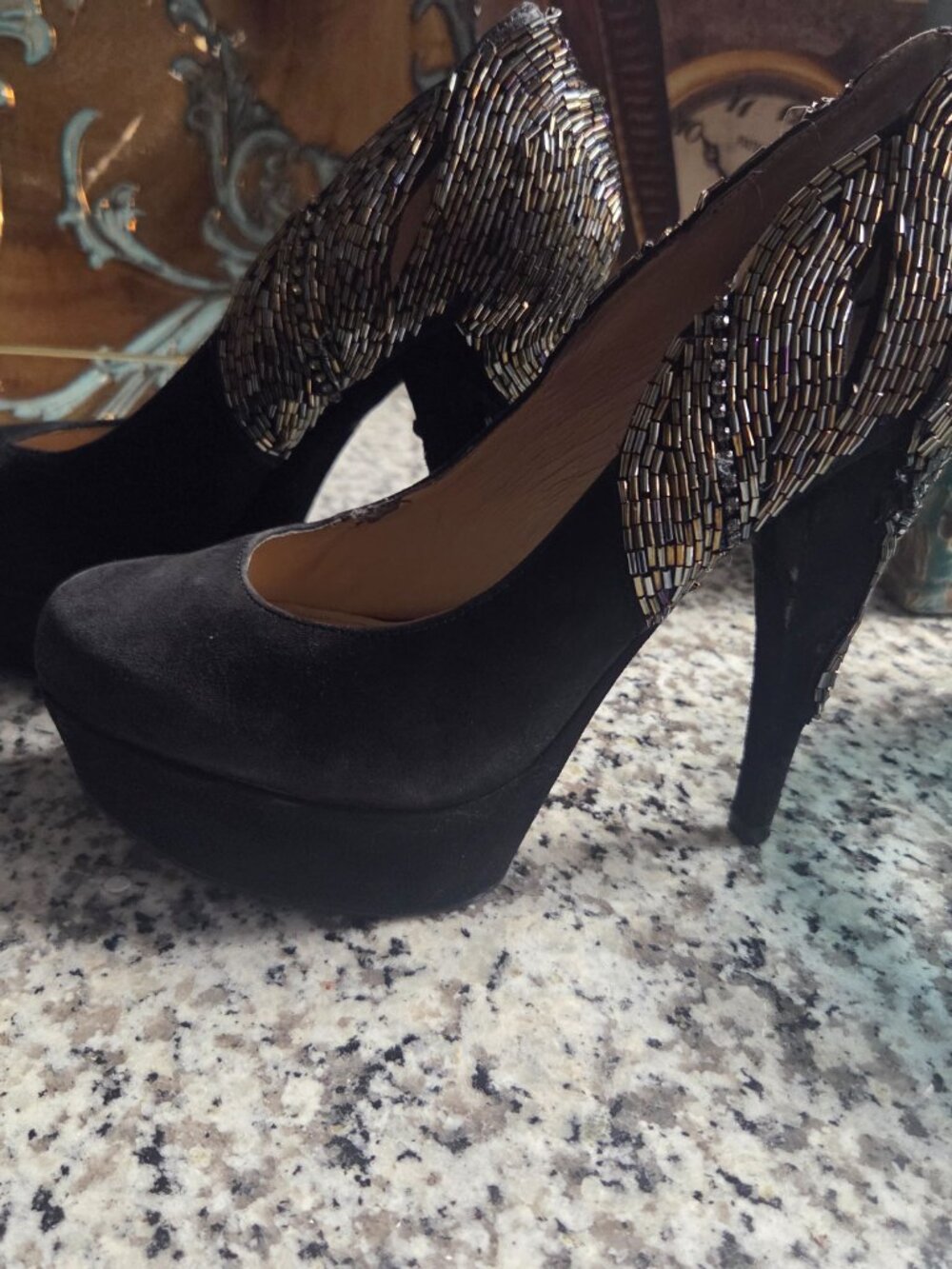 Enzo Angiolini Black Suede Beaded Platform Heels – Size 7.5